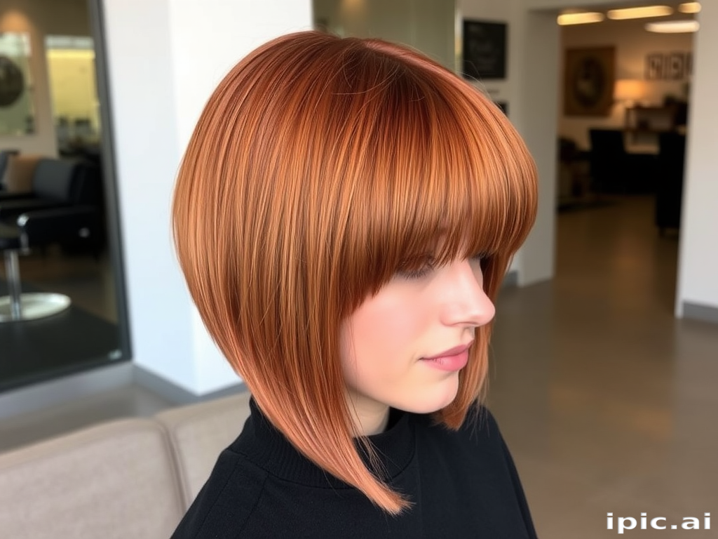Glowing copper penny locks styled in a sleek Italian bob, Autumn Flame cut, featuring a blunt chin-length perimeter with subtle layers for movement and shine