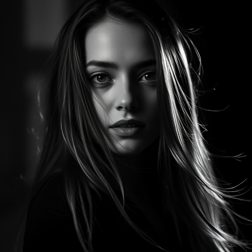 Create a high-contrast black and white portrait of a woman with long flowing hair, captured in low light with dramatic shadows, using a Canon EOS R5 camera, 85mm lens, f/1.8 aperture, ISO 100, shutter speed 1/200s, portrait mode, and soft lighting to enhance details and texture.