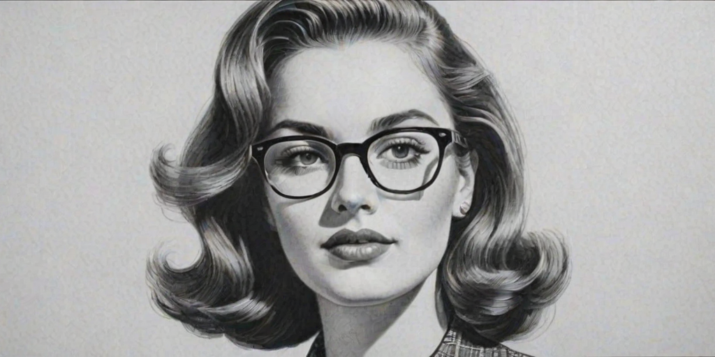 Sublime Madelyn Cline, pencil sketch, portrait of Superb woman 1950s in glasses, hair style beatnik, outline, clear lines, fine lines, 8k