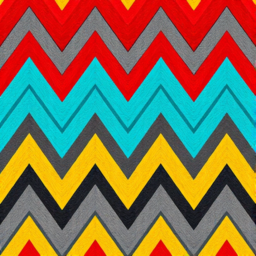 Create a vibrant zigzag pattern with alternating colors of red, turquoise, yellow, and gray, using a Nikon D850 camera, 50mm lens, f/2.8 aperture, ISO 100, 1/60 shutter speed, top-down view, and HDR style for enhanced detail and color depth.