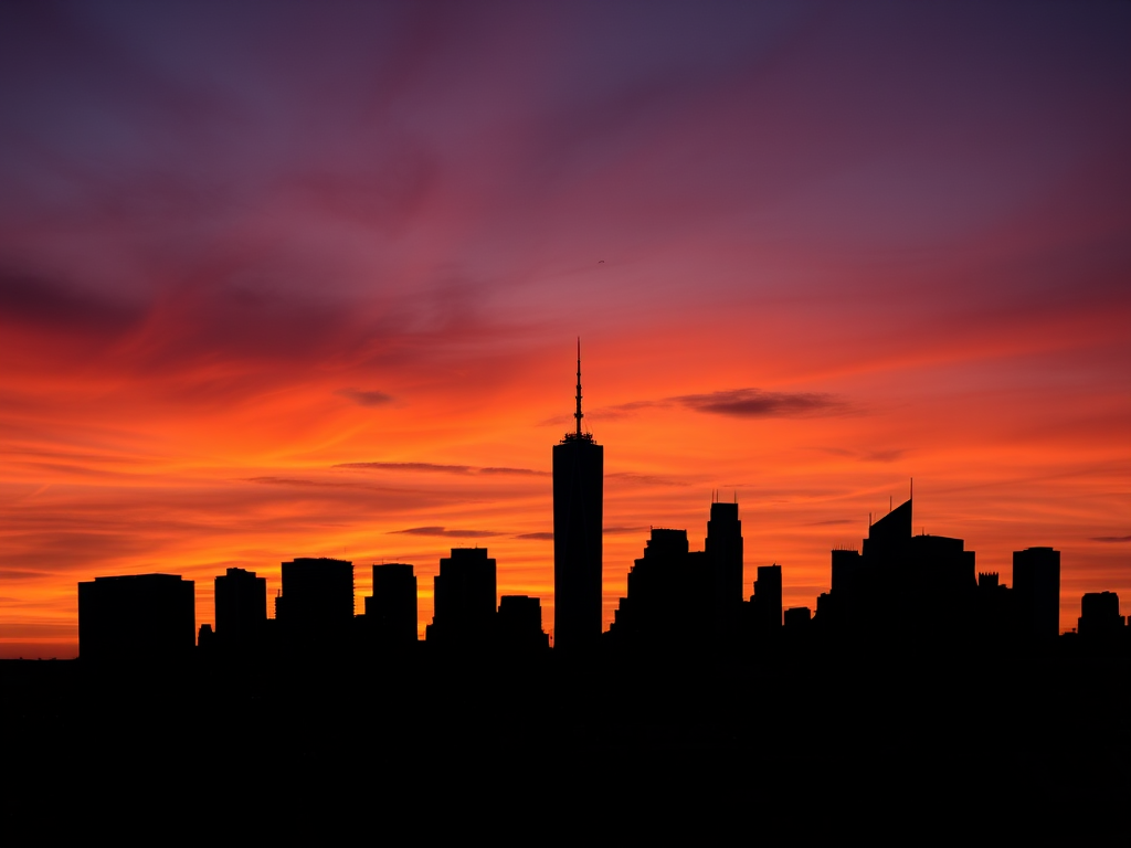 Create a high-resolution silhouette of a city skyline at sunset, with vibrant orange and purple hues in the sky, using a DSLR camera with a 50mm lens, aperture f/8, ISO 100, shot from a wide-angle view at eye level to capture detailed outlines and smooth color transitions.