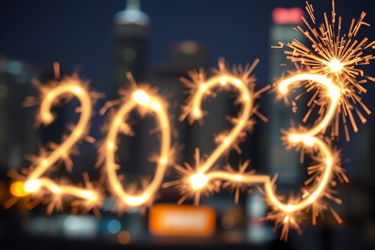 Create an image of the numbers 2023 written with sparkler lights against a blurred cityscape background at night, using a DSLR camera, aperture f/1.8, shutter speed 1/30s, ISO 200, 50mm lens, bokeh effect for a soft and dreamy quality.