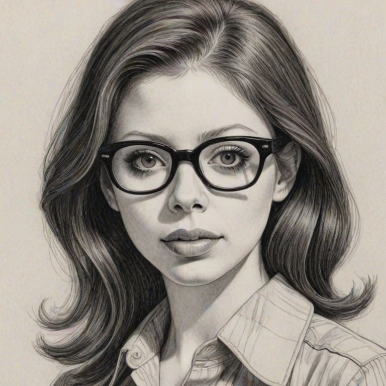 Ravishing Michelle Trachtenberg, pencil sketch, portrait of Captivating woman 1968s in glasses, hair style beatnik, outline, clear lines, fine lines, 8k