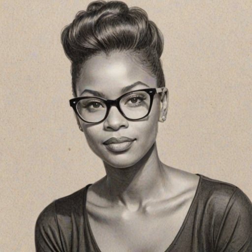 Comely Mekia Cox, pencil sketch, portrait of Exquisite woman 1956s in glasses, hair style beatnik, outline, clear lines, fine lines, 8k