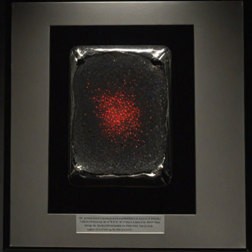 lycg, no flash, on silver and black display inside museum, darker with red shining through at the bottom with a speck of white