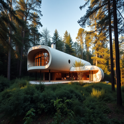 A modern architectural design of a house with rounded shapes nestled in a lush forest, captured in soft morning light using a DSLR camera with a 24mm lens, f/2.8 aperture, ISO 100, 1/60 sec exposure, wide-angle view, and enhanced with HDR techniques for vibrant colors and details.