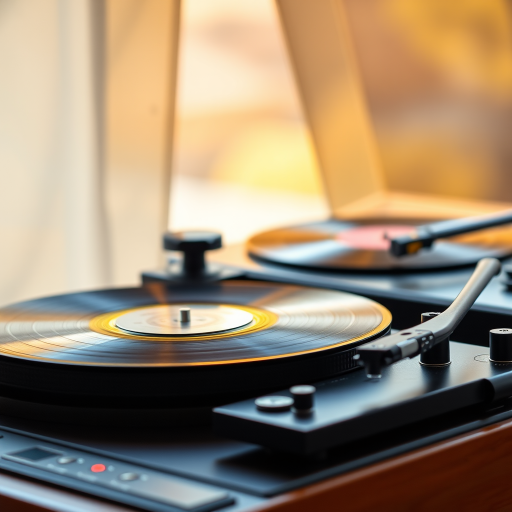 Generate a high-resolution image of two vintage record players, one with a black platter and visible vinyl records, set against a soft-focus background, captured with a DSLR camera at f/2.8 aperture, ISO 100, 50mm lens in vibrant natural lighting for enhanced depth and detail.