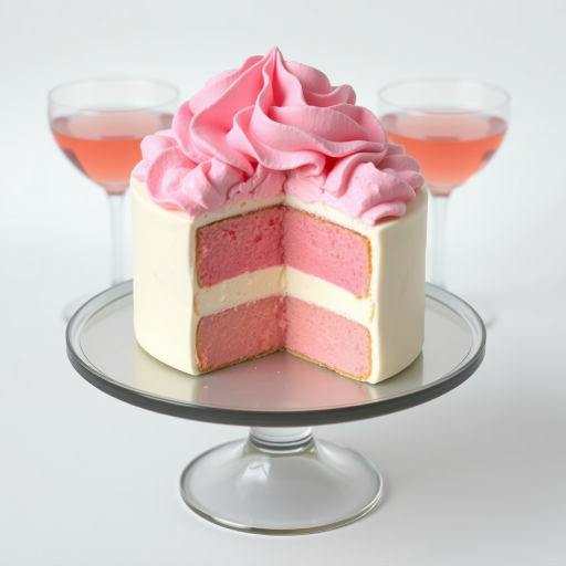 Create an image of a layered dessert with pink whipped cream on top a creamy white layer and a pink layer beneath it. The dessert is partially cut, showcasing the layers, and is served on a round cake stand. Surround the dessert with elegant glassware filled with a pink beverage. The background should be light and soft, enhancing the dessert's vibrant colors.