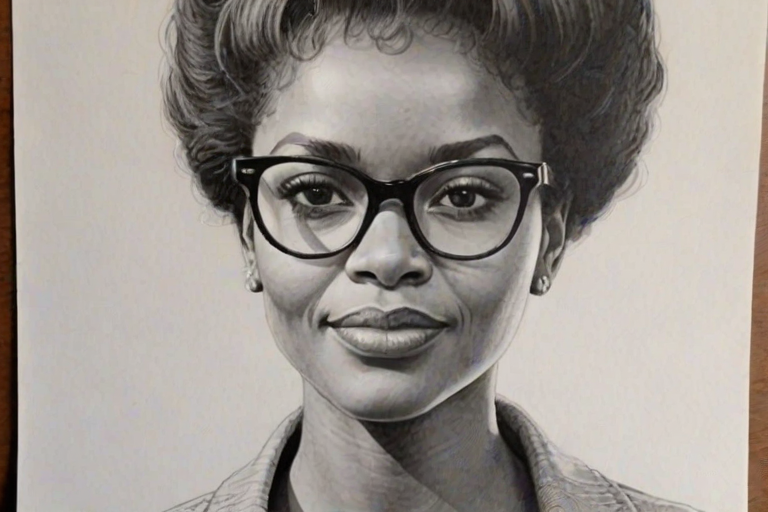 Gorgeous Zoe Mthiyane, pencil sketch, portrait of Pleasing woman 1964s in glasses, hair style beatnik, outline, clear lines, fine lines, 8k