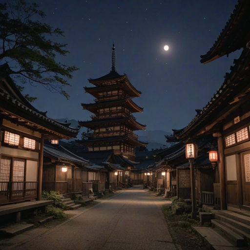 cinematic scene of Akira Kurosawa's movie in uncivilized Japanese townscape in the Edo period, aesthetic landscapes, a small pagoda, cinematic night scene, (photo-realistic:1.2), clear sky, (low-angle shot), dynamic composition, high image quality by digital remastering, vivid colors, highly detailed
