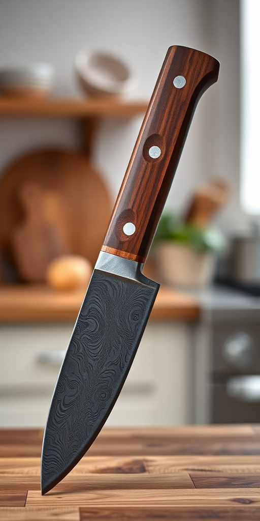 A beautifully crafted Damascus steel chef's knife with a wooden handle, placed against a soft-focus kitchen background, shot with a Canon EOS R5, 50mm lens, f/2.8 aperture, ISO 100, natural light for enhanced detail and clarity.
