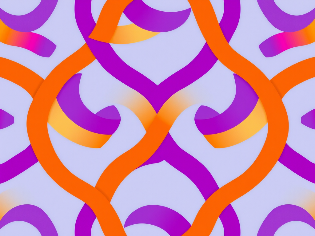 Create a vibrant geometric pattern featuring interlocking S shapes in shades of purple and orange, using a Canon EOS R5 with a 50mm lens, f/2.8 aperture, ISO 100, shot from a top-down view in high-resolution.