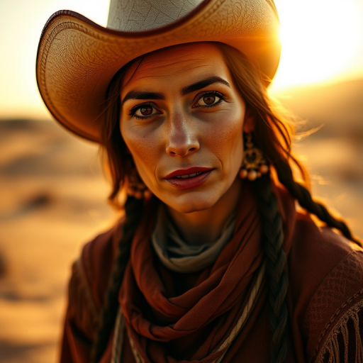 Dramatic photo of a beautiful Turkmen woman, classic cowboy attire, confident and free spirit expression, half-length portrait, centered, golden hour desert landscape, warm, diffused light, low angle, medium format film camera, in style of Annie Leibovitz.
