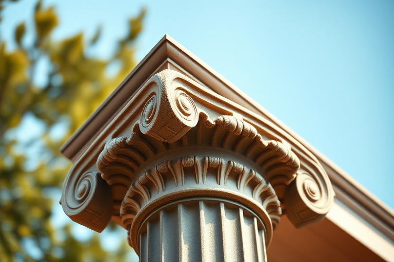create a high-resolution image of a classic Corinthian column with intricate scrollwork at the top, captured with a DSLR camera using a 50mm lens, f/5.6 aperture, ISO 100, and a shallow depth of field for a soft background blur, shot in natural light for enhanced detail and contrasting shadows