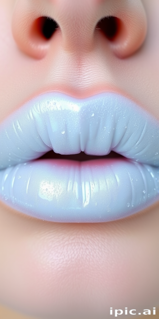 Icy white lips with a frosted pearl finish, titled "Arctic Frost," featuring a cooling effect and subtle blue undertones for a wintry look