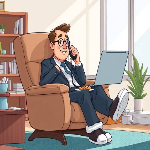 Create a high-resolution cartoon-style image of a man sitting in a recliner, holding a telephone, and using a laptop with a cartoon character on the screen, wearing a suit and slippers, with a plate of cookies on his lap, shot with a Canon EOS R5 at 50mm f/1.8, aperture priority mode, in bright natural lighting.