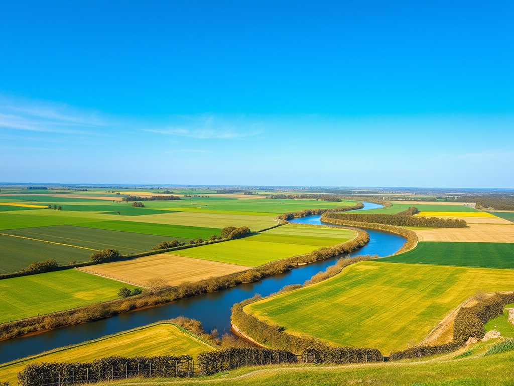 Create a high-resolution image of a serene landscape with a clear blue sky, vibrant green fields, and a winding river, captured with a DSLR camera at f/8, ISO 100, 1/200 sec, in landscape orientation, using a wide-angle lens to enhance depth and detail.