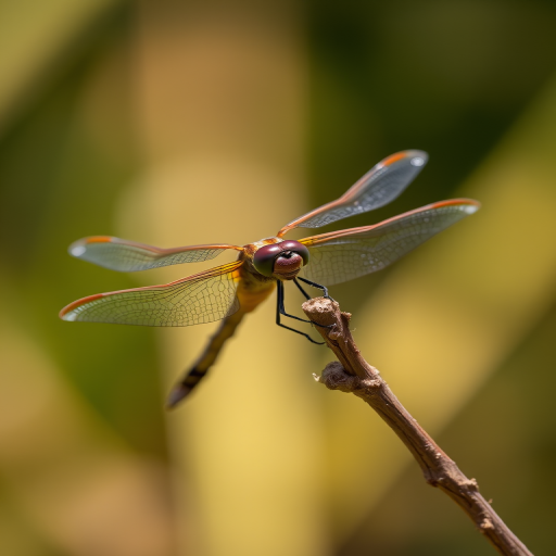 dragonfly perched on a twig with blurred background, macro photography, aperture f/2.8, shutter speed 1/200s, ISO 100, 100mm macro lens, natural light, shallow depth of field