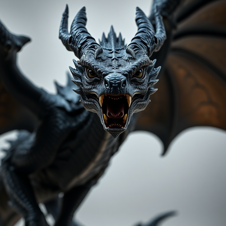 a highly detailed black dragon with large, powerful wings and fierce facial expressions, captured in a low-angle shot with a 50mm lens at f/2.8, ISO 100, soft studio lighting to enhance textures and depth