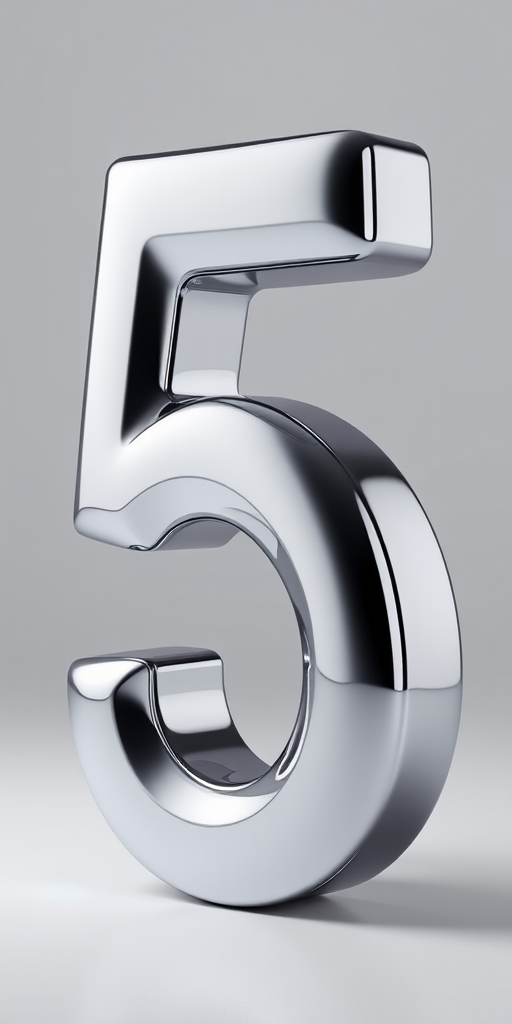 Create a 3D render of the number 5 with a glossy finish, using a wide-angle lens, f/2.8 aperture, ISO 100, and a soft studio lighting setup to enhance details and reflections.