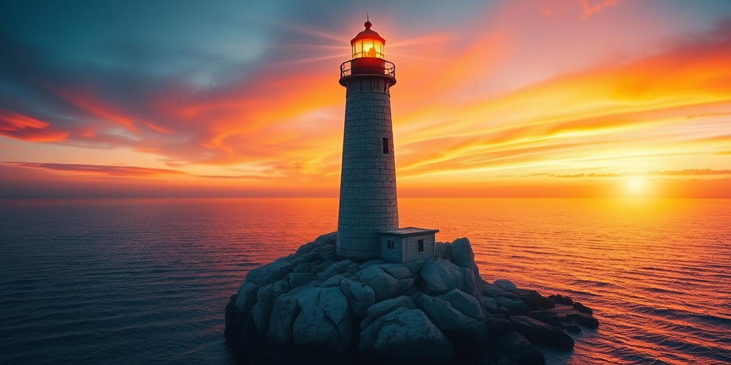 Generate an image of a tall lighthouse perched on a rocky outcrop surrounded by calm ocean waters during a breathtaking sunset. The lighthouse stands sturdy and weathered, its stone surface illuminated by the warm golden light of the setting sun. The sun's rays pass directly through the glass lantern room at the top of the lighthouse, casting a brilliant light across the scene. The sky is painted with vibrant shades of orange, pink, and purple, reflecting off the tranquil sea. The surrounding water shimmers with the same warm hues, creating a serene and majestic atmosphere.