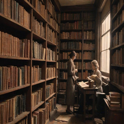Old bookstore filled with towering shelves, the scent of aged paper in the air, a woman browsing through a dusty leather-bound book in a quiet corner.