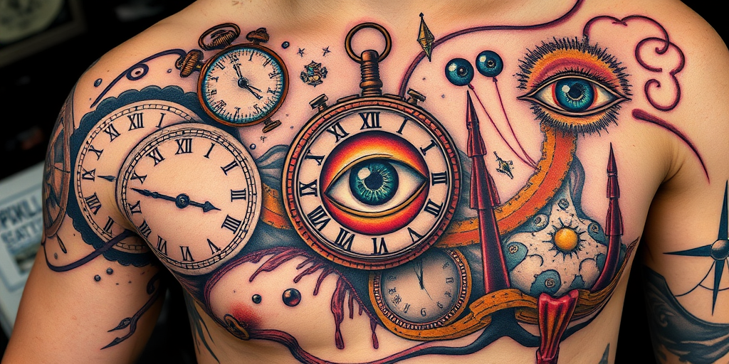 Surrealist tattoo titled "Dreamweaver's Vision" depicting melting clocks, floating eyes, and impossible structures inspired by Salvador Dali's artwork