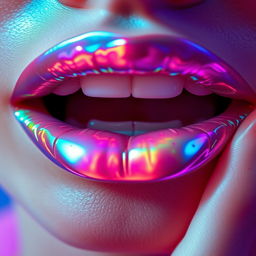 Ethereal holographic lips with iridescent pigments, shifting colors as light moves across them, captured in a futuristic and avant-garde beauty shot