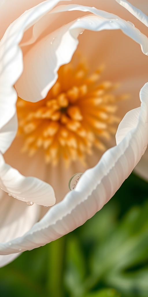 Capture a close-up of a white peony flower with dewdrops glistening on its petals, using a DSLR camera, 50mm lens, aperture f/2.8, ISO 100, natural lighting, and a shallow depth of field focused on the flower, with a blurred green background to enhance image quality.