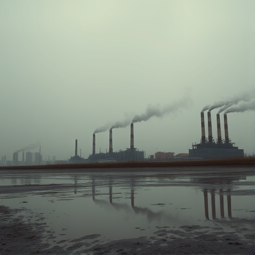 Generate a high-resolution image of a desolate industrial landscape featuring multiple smokestacks emitting thick smoke against a murky sky, with a polluted puddle reflecting the scene in the foreground, shot with a DSLR camera at f/8, ISO 100, shutter speed 1/125 sec, in landscape orientation for dramatic effect.