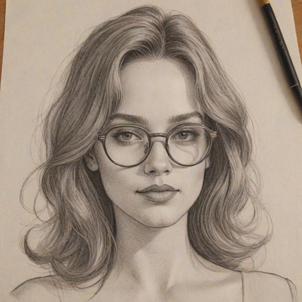 Delightful Dasha Polanco, pencil sketch, portrait of Bewitching woman 1975s in glasses, hair style beatnik, outline, clear lines, fine lines, 8k