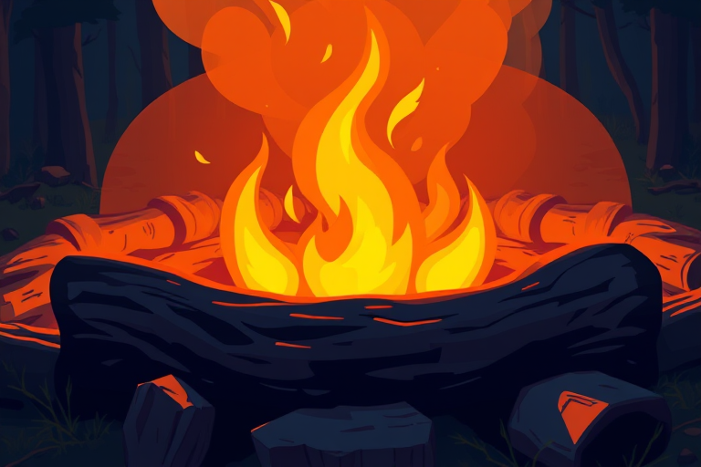 Create a vibrant and stylized illustration of a campfire with bright orange and yellow flames, surrounded by detailed logs, using a digital art style, with a view from a low angle to emphasize height, settings for high saturation, soft lighting, and a focus on texture for enhanced quality.