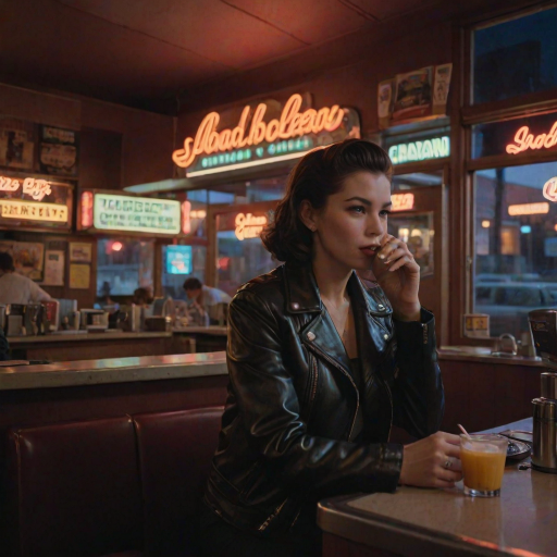 Old-fashioned diner at night, neon signs glowing in the windows, a woman in a leather jacket sits at the counter, sipping coffee as the jukebox plays softly in the background.