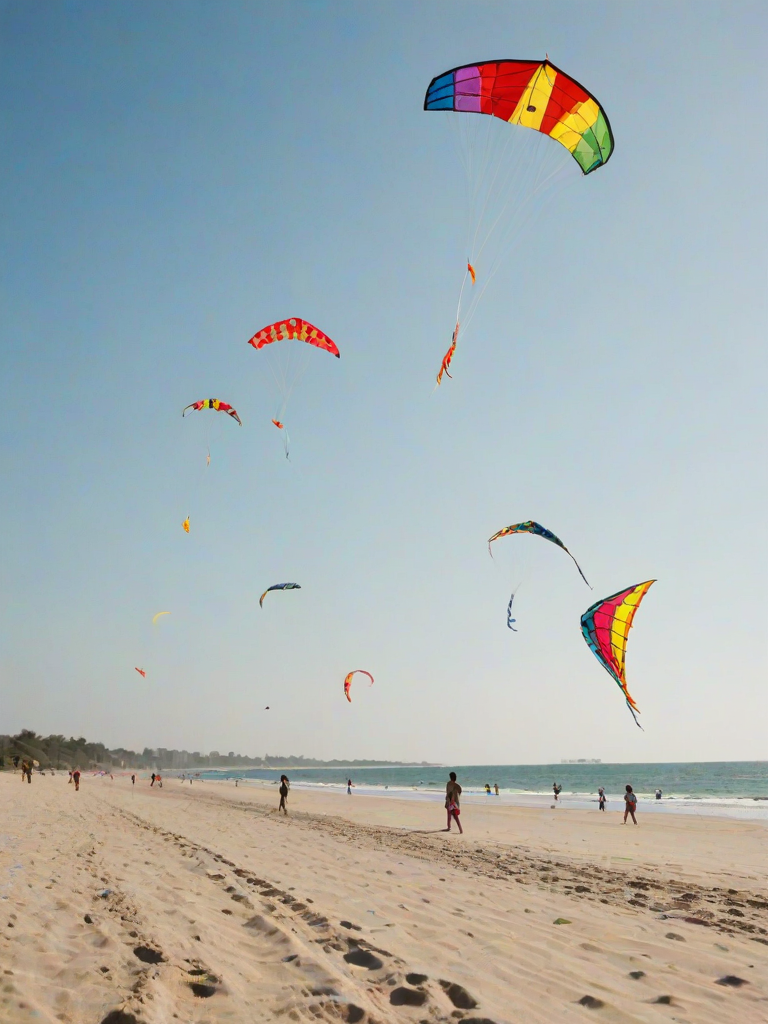 Soft-focus image of a row of colorful kites flying high in a clear blue sky, with a sunlit beach softly blurred in the distance, children playing in the sand.