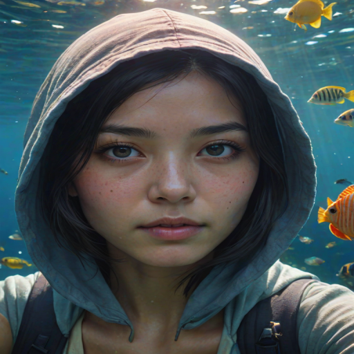 Realistic selfie image of a Asian, wearing a vintage outfit, detailed dreamy eyes, droopy hooded eyes, staring at the camera, taken underwater at coral reef with a sunbeam filtering through the water, vibrant, summer vacation, natural lighting, turtle and school of tropical fish with vibrant colors, rendered in the style of CryEngine, Pegi Nicol MacLeod, with realistic genre scenes, hauntingly beautiful narratives, ultra-realism, and Thomas Saliot's close-up technique, 8K resolution, crystal clear and sparkling water.