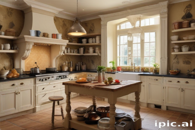 Charming Vintage Kitchen with Rustic Decor and Warm Natural Light.