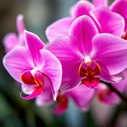 close-up of vibrant pink orchids in full bloom, natural light, macro lens, f/2.8 aperture, 1/200 sec shutter speed, ISO 100, shallow depth of field, soft focus background, high-resolution image, DSLR camera