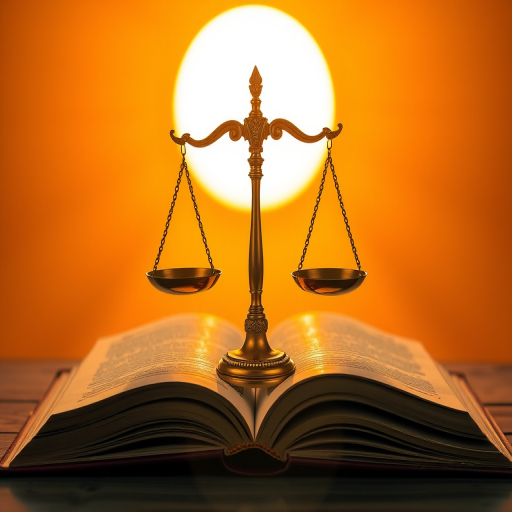 Create a vibrant image of a golden scales of justice placed on an open book, with a large luminous sun in the background, using a DSLR camera with a 50mm lens, aperture f/1.8, ISO 100, and a warm color filter for enhanced depth and clarity.