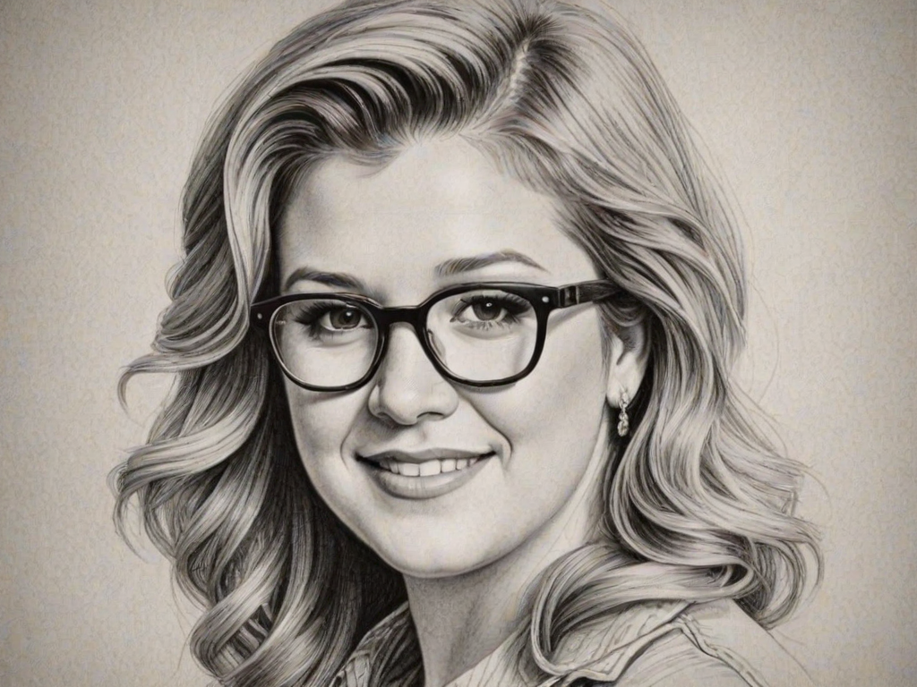 Captivating Kelly Clarkson, pencil sketch, portrait of Radiant woman 1946s in glasses, hair style beatnik, outline, clear lines, fine lines, 8k