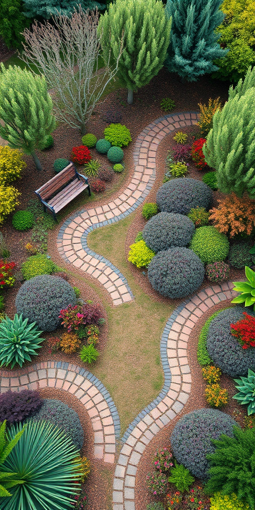 create a vibrant garden landscape with winding paths, diverse plants, and benches, shot with a DSLR camera, f/8 aperture, 1/125 shutter speed, ISO 200, top-down view, realistic style