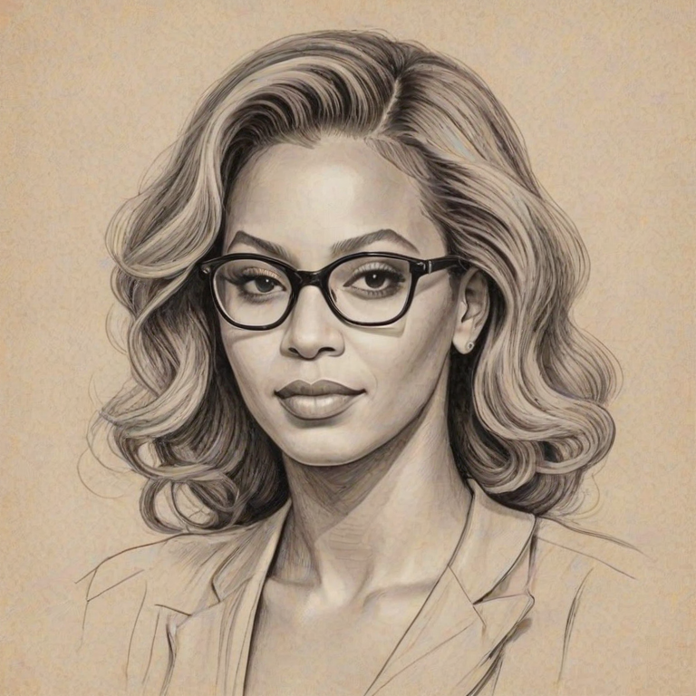 Bewitching Beyonce, pencil sketch, portrait of Wonderful woman 1939s in glasses, hair style beatnik, outline, clear lines, fine lines, 8k