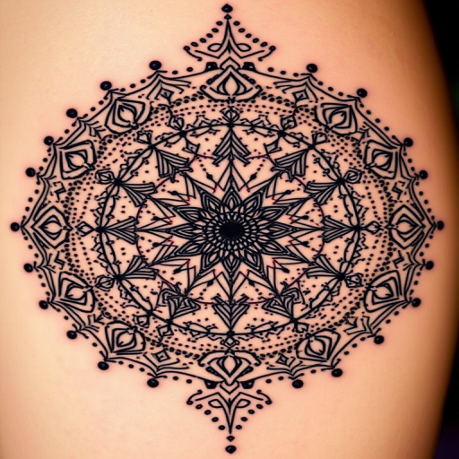 Mesmerizing dot work mandala tattoo titled "Cosmic Constellation" featuring an intricate circular design composed entirely of thousands of tiny dots in varying sizes and densities. The tattoo incorporates sacred geometry patterns, spirals, and symmetrical arrangements that radiate from a central point, creating a hypn