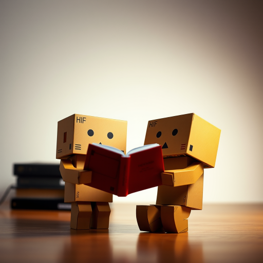Create an image of two cardboard box characters, one reading a book while the other listens, in a soft-focus studio setting, using a DSLR camera at f/4, ISO 100, 50mm lens, with a warm light source for enhanced shadows and depth.