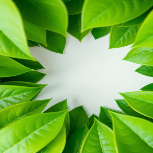 Create an image featuring vibrant green leaves framing a white central space, captured with a DSLR camera at f/4 aperture, ISO 100, 50mm lens, natural light, top-down view, high-resolution digital art style.