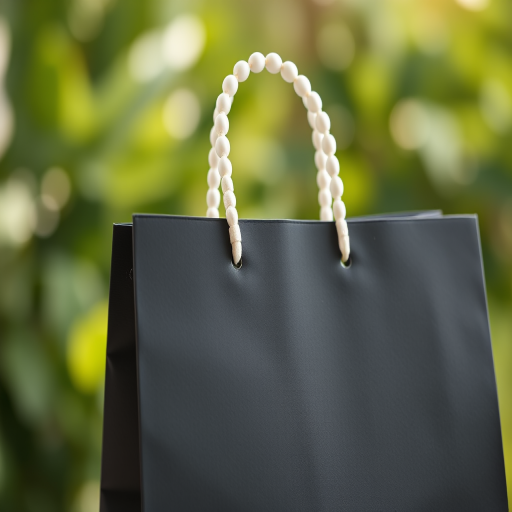 Create a high-resolution image of a black shopping bag with a glossy finish and a white beaded handle, captured with a DSLR camera at f/4 aperture, 50mm focal length, ISO 100, using a soft natural light from the left for texture enhancement.