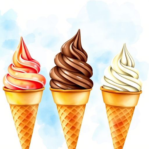 Create an artistic illustration of three ice cream cones with peach, chocolate, and vanilla flavors, focusing on watercolor style, using a soft focus lens and bright daylight setting, shot with a DSLR camera at ISO 100, aperture f/4.0, and shutter speed 1/125s for enhanced detail and clarity.