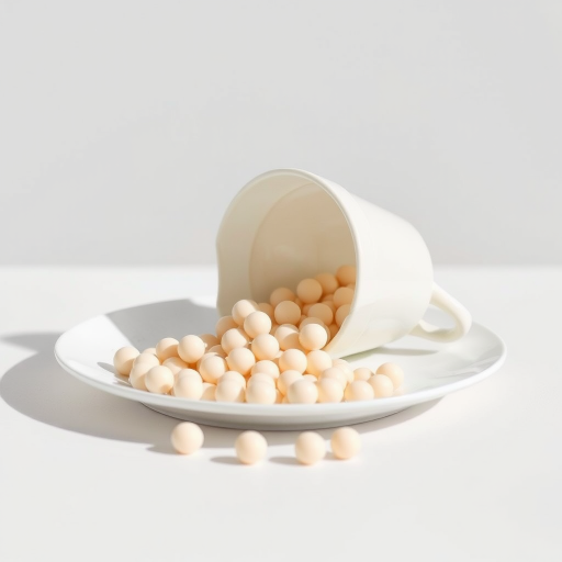 Create a still life image of a white ceramic cup tipped over with small round light-colored balls spilling out onto a plate and a plain surface, use a Canon EOS 5D Mark IV camera with a 50mm f/1.8 lens, aperture set to f/2.8 for a shallow depth of field, ISO 200 for clear detail, and soft natural lighting to enhance the texture and color of the objects.