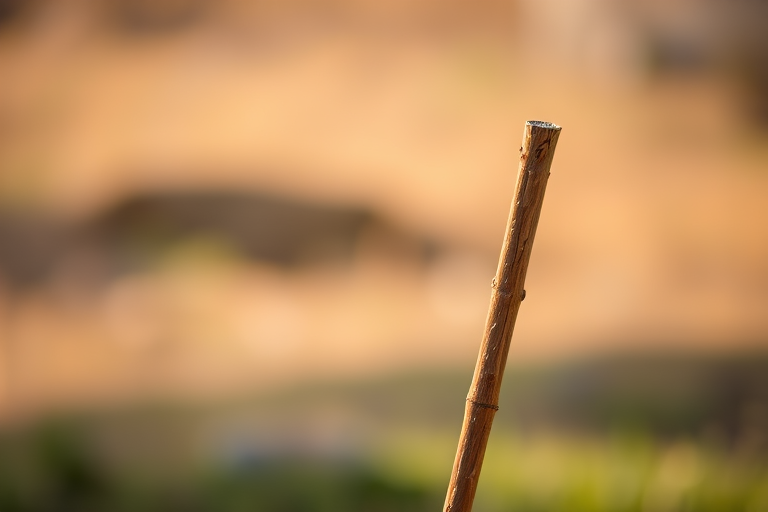 A realistic depiction of a brown wooden stick standing at an angle with a soft focus background, using a Canon EOS R5 with a 50mm f/1.2 lens, aperture set to f/2.8, ISO 100, shutter speed 1/125 sec, natural lighting.