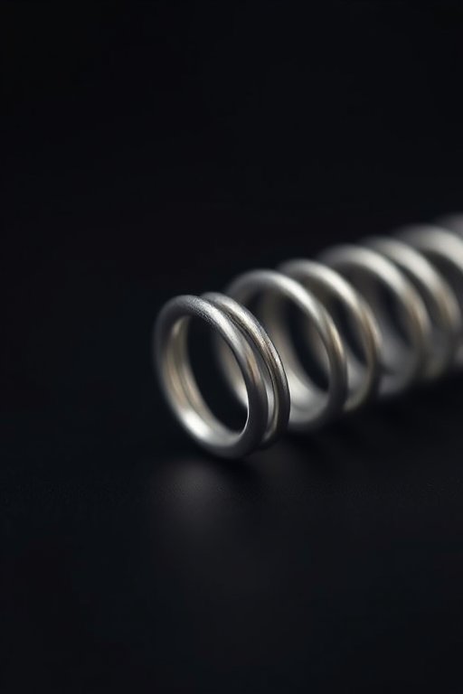 capture a close-up image of a metallic spring on a black background with a Canon EOS R5, 50mm lens, f/2.8 aperture, 1/125 sec shutter speed, ISO 100, soft diffused lighting for enhanced texture and detail