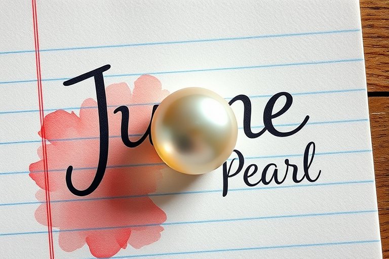Create an image of a watercolor pearl on lined paper with the words "June" and "Pearl" in artistic fonts, using a DSLR camera at f/2.8 aperture, 50mm lens, natural light, and a top-down view for high detail and vibrant colors.